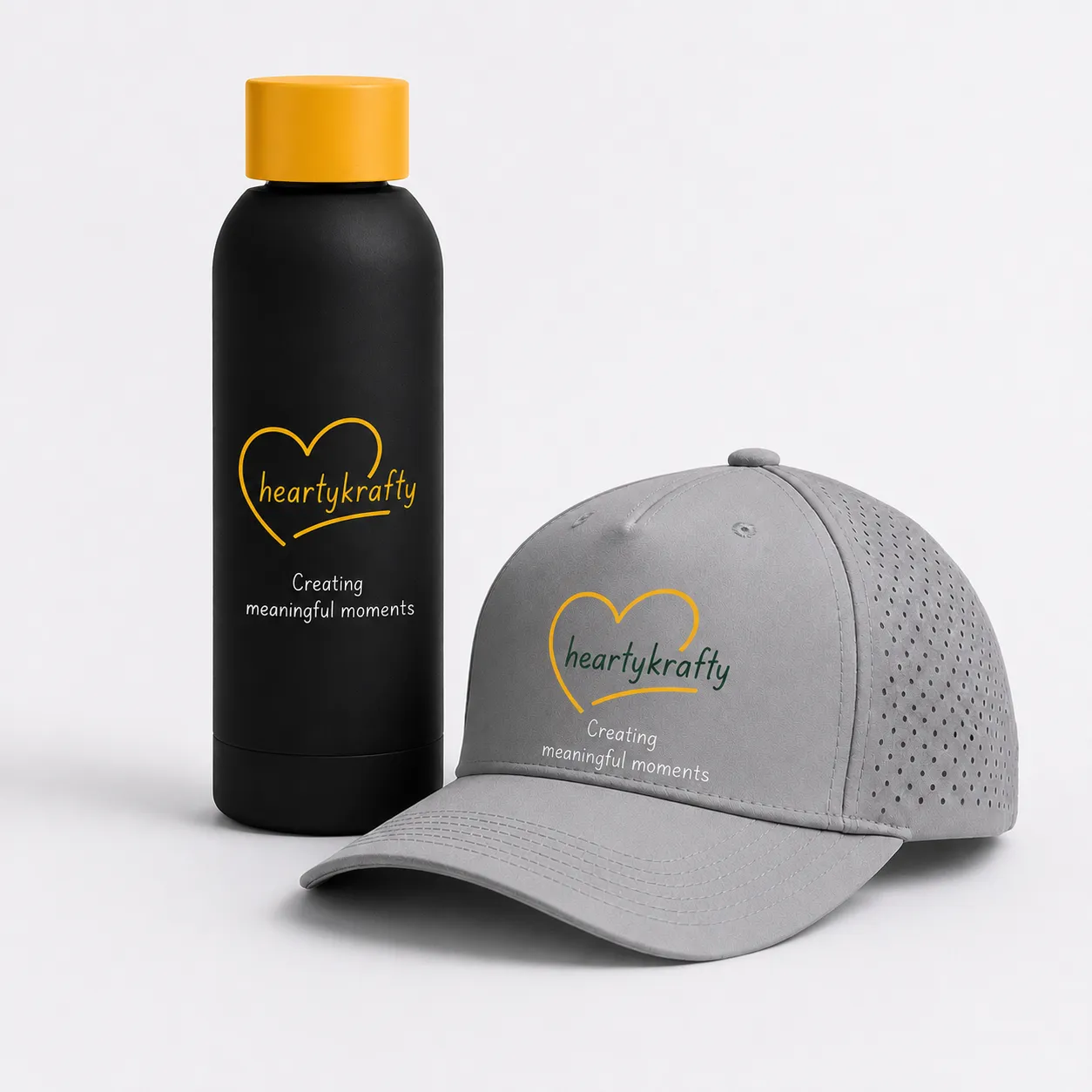 A branded water bottle and cap