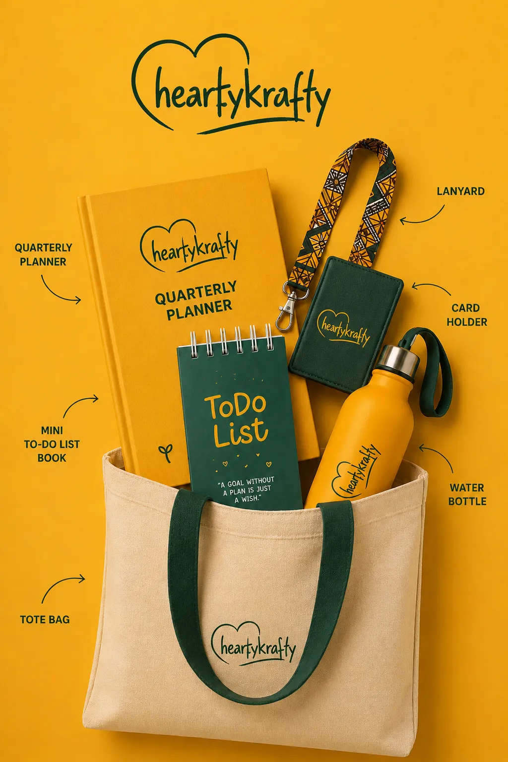 A HeartyKrafty branded tote bag, planner, to-do pad and water bottle