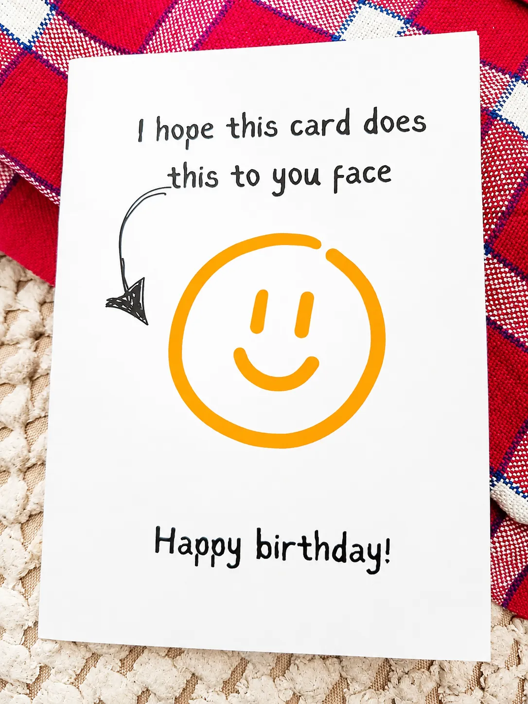 A HeartyKrafty birthday card with a hand-drawn smiley face